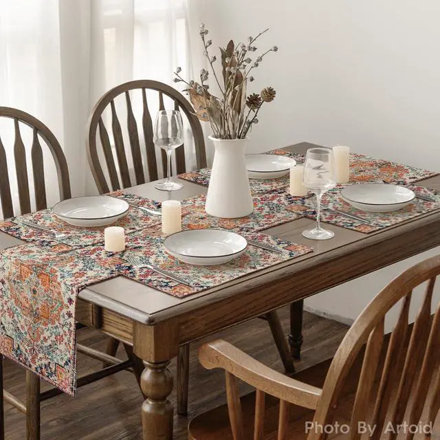 Alt view image 6 of 6 - Boho Placemats Set of 4, Daily Orange Teal Flowes Bohemia Table Mats for Home Party Dining Decoration 12x18 Inch