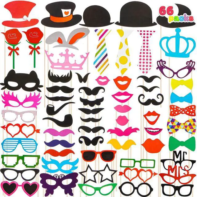 Main image of Toy Photo Booth Props 66 PiecesMulticolor Kit for Graduation Wedding Party Supplies Favorswith Stick, Hats, Glasses, Mouth, Bowler, Bowties