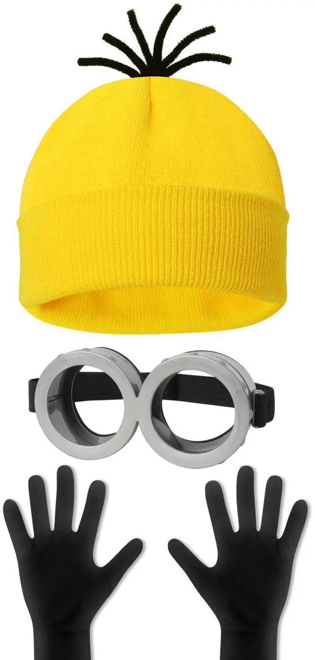 Main image of 3 Pcs Halloween Costume Accessories Adult, Easy Costume Men Women | One Size Fits Most,Last Minute Adult Halloween Costumes,Yellow Beanie Hat,Adjustable Goggles,Gloves,Family Group Costume