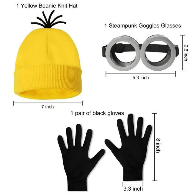 Alt view image 2 of 5 - 3 Pcs Halloween Costume Accessories Adult, Easy Costume Men Women | One Size Fits Most,Last Minute Adult Halloween Costumes,Yellow Beanie Hat,Adjustable Goggles,Gloves,Family Group Costume