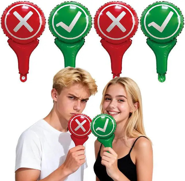 Main image of Yes or No Foil Balloons, 4 Pcs Classroom Voting True or False Check Mark and X Mark, Funny Judges Game Right and Wrong Cards Hook and Fork Ring Advancement For Trivia Nights