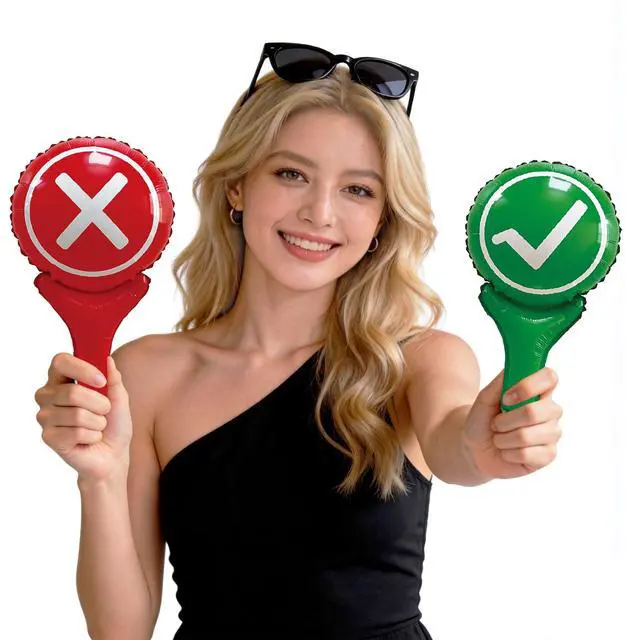 Alt view image 3 of 5 - Yes or No Foil Balloons, 4 Pcs Classroom Voting True or False Check Mark and X Mark, Funny Judges Game Right and Wrong Cards Hook and Fork Ring Advancement For Trivia Nights