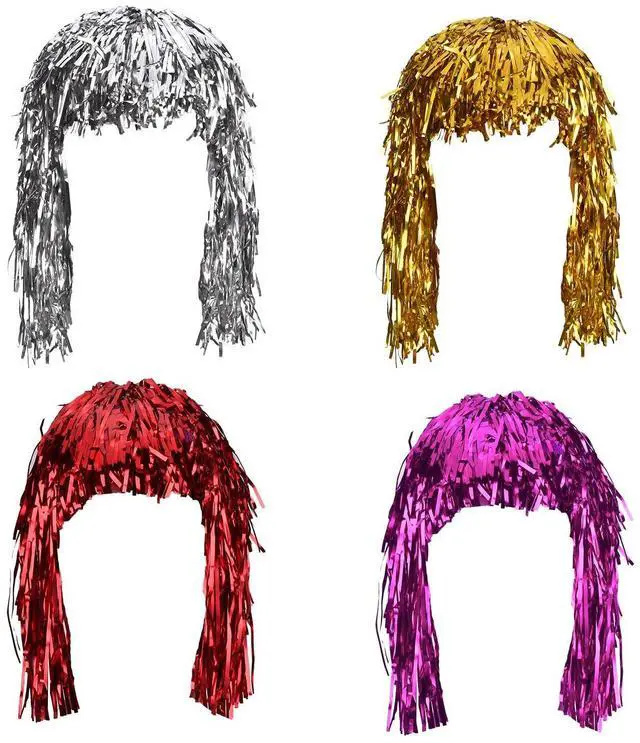 Main image of 4 Pcs Foil Tinsel Wigs for Fancy Party, Gold, Silver, Red and Pink | Shiny Tinsel Wig for Funny Dress, Crazy Metallic Hair for Adults Halloween, Fancy Costume Supplies for Stage Performance