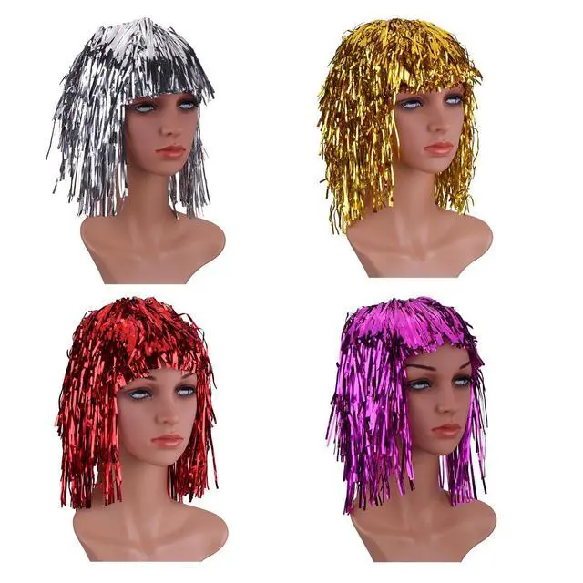 Alt view image 2 of 6 - 4 Pcs Foil Tinsel Wigs for Fancy Party, Gold, Silver, Red and Pink | Shiny Tinsel Wig for Funny Dress, Crazy Metallic Hair for Adults Halloween, Fancy Costume Supplies for Stage Performance