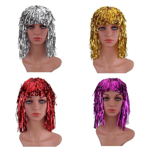 Alt view image 3 of 6 - 4 Pcs Foil Tinsel Wigs for Fancy Party, Gold, Silver, Red and Pink | Shiny Tinsel Wig for Funny Dress, Crazy Metallic Hair for Adults Halloween, Fancy Costume Supplies for Stage Performance