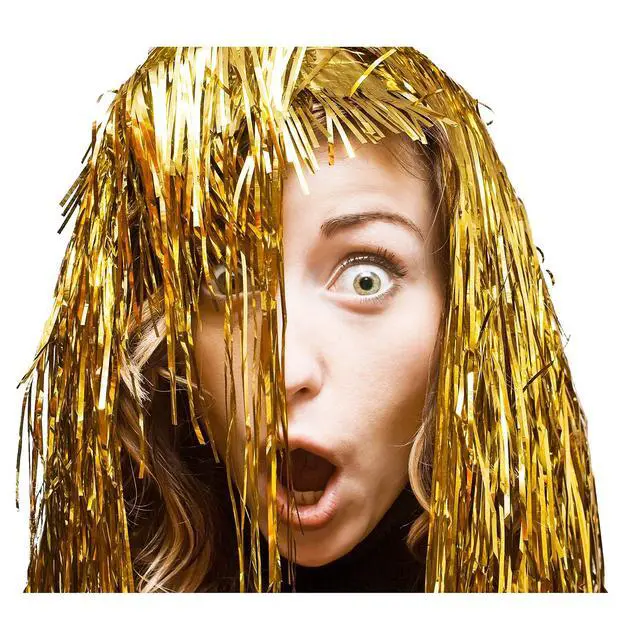 Alt view image 5 of 6 - 4 Pcs Foil Tinsel Wigs for Fancy Party, Gold, Silver, Red and Pink | Shiny Tinsel Wig for Funny Dress, Crazy Metallic Hair for Adults Halloween, Fancy Costume Supplies for Stage Performance