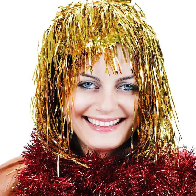 Alt view image 6 of 6 - 4 Pcs Foil Tinsel Wigs for Fancy Party, Gold, Silver, Red and Pink | Shiny Tinsel Wig for Funny Dress, Crazy Metallic Hair for Adults Halloween, Fancy Costume Supplies for Stage Performance