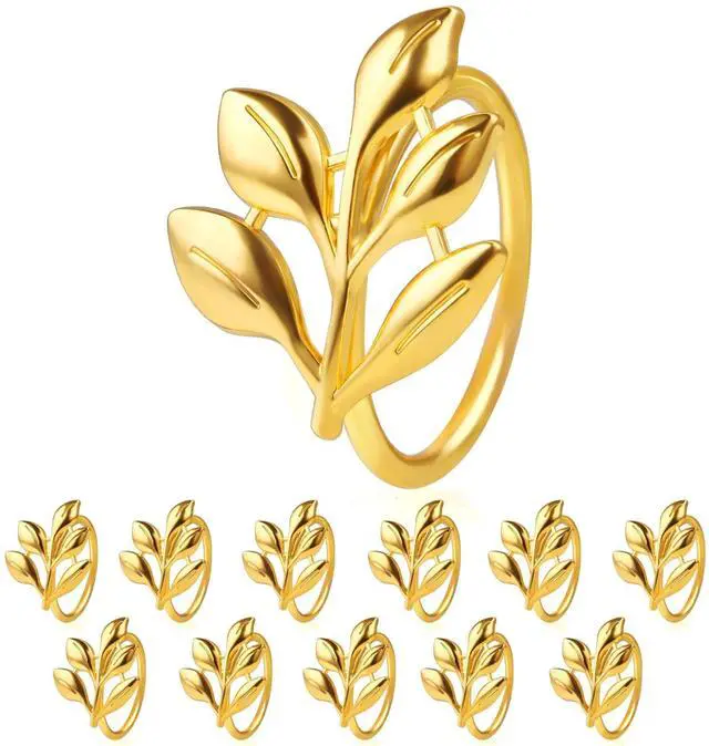 Main image of Leaf Napkin Ring Holder Set of 12 Gold Metal | Dining Table Decor, Wedding Party Dinner Banquet