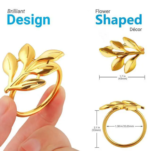 Alt view image 6 of 7 - Leaf Napkin Ring Holder Set of 12 Gold Metal | Dining Table Decor, Wedding Party Dinner Banquet