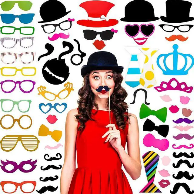 Main image of 60 Pcs Photo Booth Props, Mustache Glasses Hats Lips(Classic) | Funny Selfie Accessories for Birthday Wedding Prom Halloween, DIY Photobooth Kit with Bowties Crown Pipe Decorations