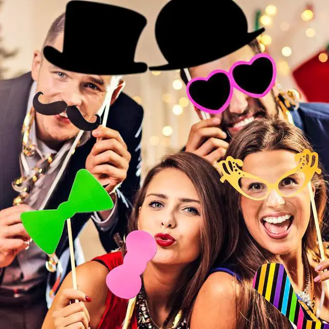 Alt view image 3 of 6 - 60 Pcs Photo Booth Props, Mustache Glasses Hats Lips(Classic) | Funny Selfie Accessories for Birthday Wedding Prom Halloween, DIY Photobooth Kit with Bowties Crown Pipe Decorations