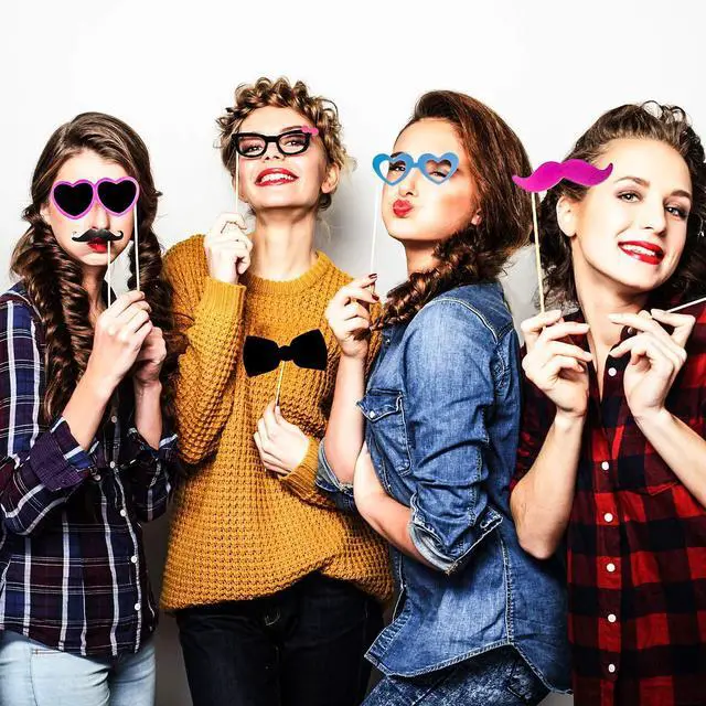 Alt view image 6 of 6 - 60 Pcs Photo Booth Props, Mustache Glasses Hats Lips(Classic) | Funny Selfie Accessories for Birthday Wedding Prom Halloween, DIY Photobooth Kit with Bowties Crown Pipe Decorations