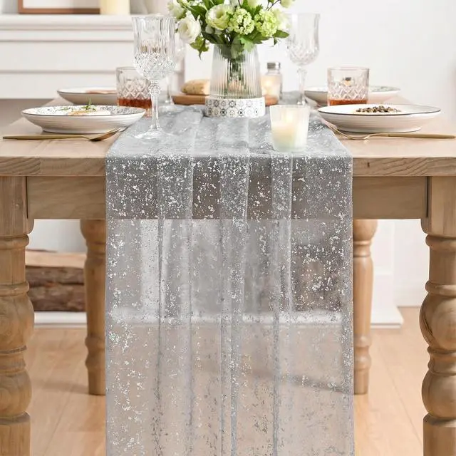 Alt view image 2 of 7 - Grey Gold Gauze Table Runner 120 Inch 10FT, Glitter Metallic Foil Sheer Dining Wedding Anniversary Holiday Birthday Table Decor for Home Party