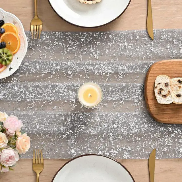 Alt view image 3 of 7 - Grey Gold Gauze Table Runner 120 Inch 10FT, Glitter Metallic Foil Sheer Dining Wedding Anniversary Holiday Birthday Table Decor for Home Party