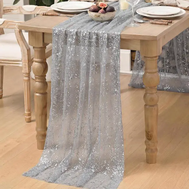 Alt view image 5 of 7 - Grey Gold Gauze Table Runner 120 Inch 10FT, Glitter Metallic Foil Sheer Dining Wedding Anniversary Holiday Birthday Table Decor for Home Party