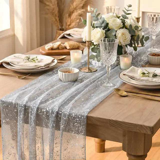 Alt view image 6 of 7 - Grey Gold Gauze Table Runner 120 Inch 10FT, Glitter Metallic Foil Sheer Dining Wedding Anniversary Holiday Birthday Table Decor for Home Party