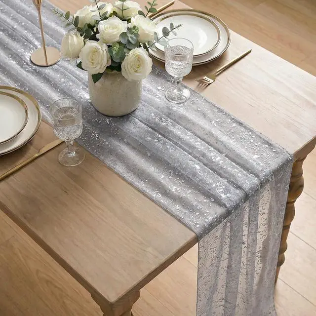 Alt view image 4 of 7 - Grey Gold Gauze Table Runner 120 Inch 10FT, Glitter Metallic Foil Sheer Dining Wedding Anniversary Holiday Birthday Table Decor for Home Party