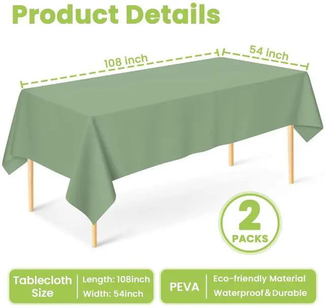 Alt view image 3 of 7 - 2 Pcs Sage Green Plastic Table Cloth Disposable, 54 ×108 Inches | Rectangle Sage Green Tablecloth Waterproof Table Cover for Outdoor Picnic,Easter,Birthday, Wedding, Baby Shower Party
