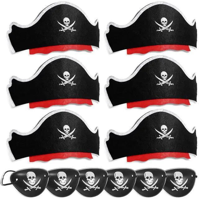 Main image of 12 Pcs Pirate Hats with Eye Patches, Kids Party Costume Accessories | Includes 6 Pirate Hats and 6 Eye Patches, Party Favors & Decorations for Birthday Halloween Themed Party Dress Up Play