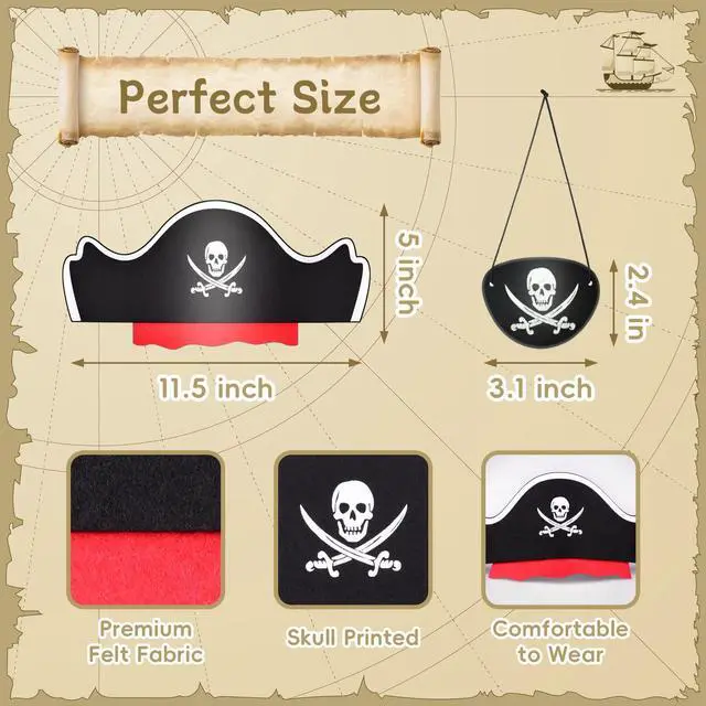 Alt view image 3 of 7 - 12 Pcs Pirate Hats with Eye Patches, Kids Party Costume Accessories | Includes 6 Pirate Hats and 6 Eye Patches, Party Favors & Decorations for Birthday Halloween Themed Party Dress Up Play