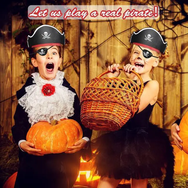 Alt view image 7 of 7 - 12 Pcs Pirate Hats with Eye Patches, Kids Party Costume Accessories | Includes 6 Pirate Hats and 6 Eye Patches, Party Favors & Decorations for Birthday Halloween Themed Party Dress Up Play