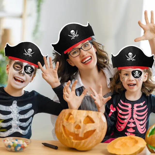 Alt view image 6 of 7 - 12 Pcs Pirate Hats with Eye Patches, Kids Party Costume Accessories | Includes 6 Pirate Hats and 6 Eye Patches, Party Favors & Decorations for Birthday Halloween Themed Party Dress Up Play