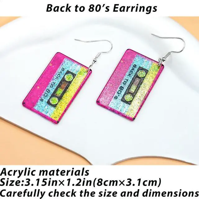 Alt view image 2 of 6 - 80s Neon Earrings for Women Cassette Tape Earrings Acrylic Drop Earring Retro Radio Dangle Earrings for 80's 90's Outfit Party Halloween Costume 80s Accessories for Women Neon Jewelry-Tape 1pcs