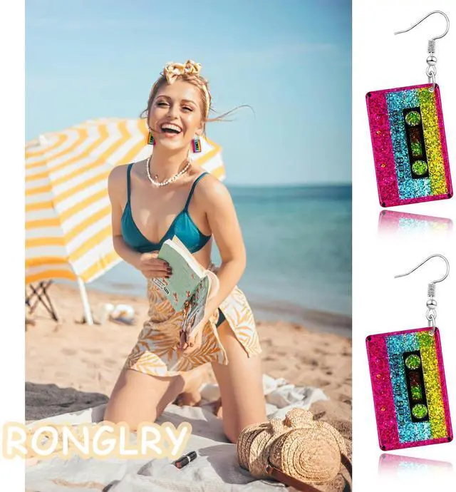 Alt view image 5 of 6 - 80s Neon Earrings for Women Cassette Tape Earrings Acrylic Drop Earring Retro Radio Dangle Earrings for 80's 90's Outfit Party Halloween Costume 80s Accessories for Women Neon Jewelry-Tape 1pcs