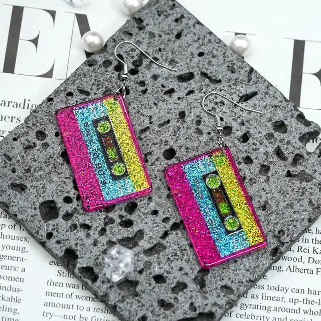 Alt view image 3 of 6 - 80s Neon Earrings for Women Cassette Tape Earrings Acrylic Drop Earring Retro Radio Dangle Earrings for 80's 90's Outfit Party Halloween Costume 80s Accessories for Women Neon Jewelry-Tape 1pcs