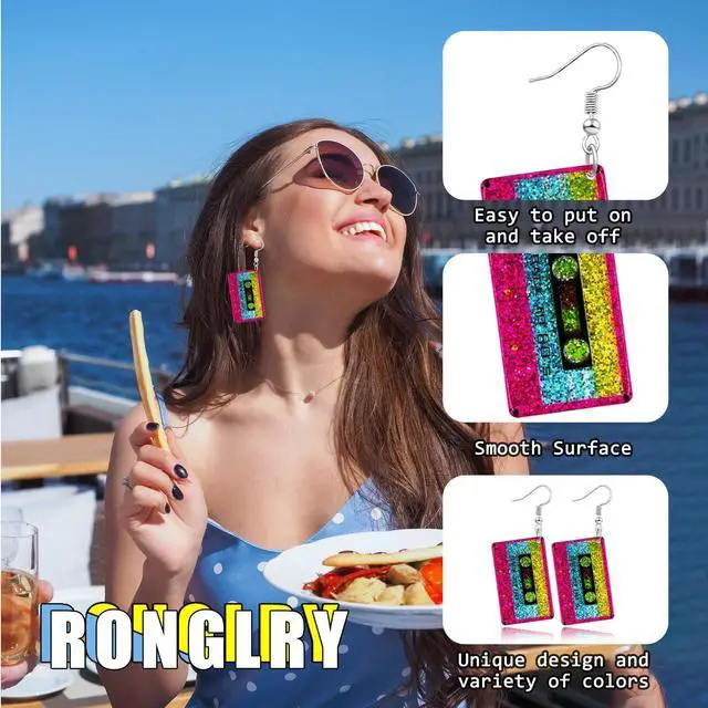 Alt view image 6 of 6 - 80s Neon Earrings for Women Cassette Tape Earrings Acrylic Drop Earring Retro Radio Dangle Earrings for 80's 90's Outfit Party Halloween Costume 80s Accessories for Women Neon Jewelry-Tape 1pcs