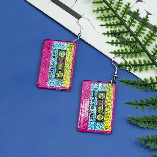 Alt view image 4 of 6 - 80s Neon Earrings for Women Cassette Tape Earrings Acrylic Drop Earring Retro Radio Dangle Earrings for 80's 90's Outfit Party Halloween Costume 80s Accessories for Women Neon Jewelry-Tape 1pcs