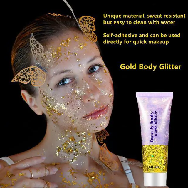 Alt view image 3 of 7 - Gold Face Body Glitter,Mardi Gras Glitter Makeup Gold Face Paint,Holographic Chunky Sequins Glitters for Eye Lip Hair Nails,Festival Rave Accessories,52g