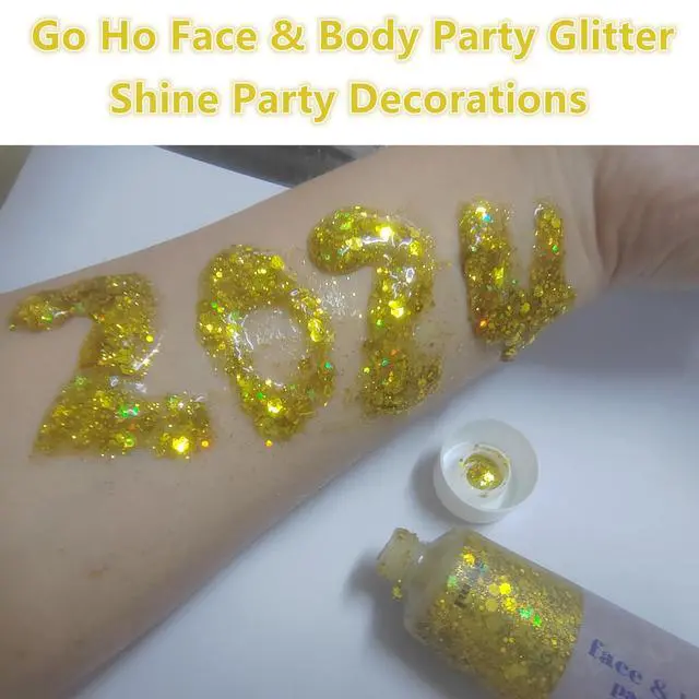 Alt view image 5 of 7 - Gold Face Body Glitter,Mardi Gras Glitter Makeup Gold Face Paint,Holographic Chunky Sequins Glitters for Eye Lip Hair Nails,Festival Rave Accessories,52g