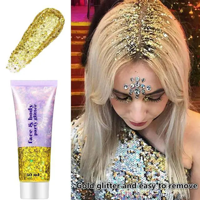 Alt view image 6 of 7 - Gold Face Body Glitter,Mardi Gras Glitter Makeup Gold Face Paint,Holographic Chunky Sequins Glitters for Eye Lip Hair Nails,Festival Rave Accessories,52g