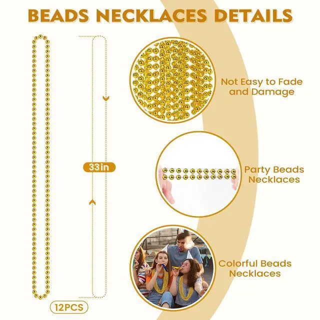 Alt view image 2 of 6 - 12 PCS Gold Bead Necklace, Mardi Gras Beads Christmas Necklaces 33" Metallic Beaded Costume Party Necklaces for Parade Throws, Wedding, Birthday, Pirate Party Favors