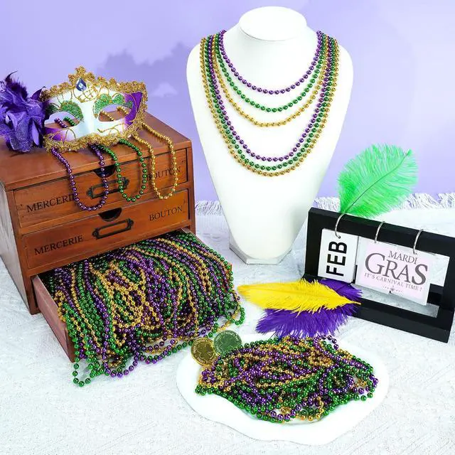Alt view image 4 of 6 - 12 PCS Gold Bead Necklace, Mardi Gras Beads Christmas Necklaces 33" Metallic Beaded Costume Party Necklaces for Parade Throws, Wedding, Birthday, Pirate Party Favors