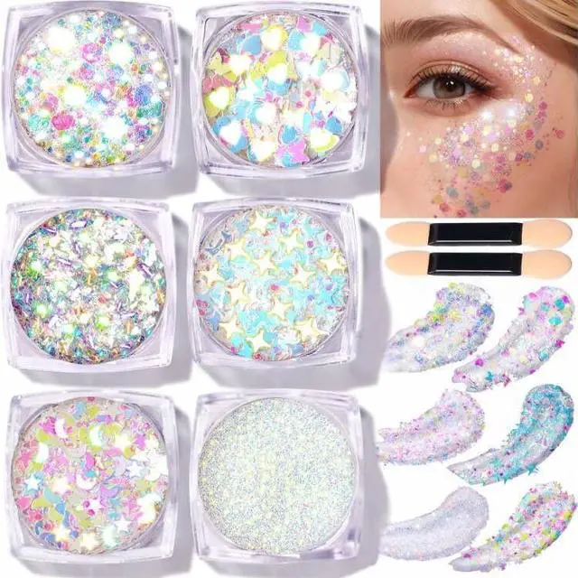Main image of Face Glitter Body Glitter, Clear White Body Glitter Gel, Hair Glitter Gel, 6 Shapes Rave Glitter, Mermaid Sequins Makeup Glitters Face Paint, Chunky Sparkling Glitter Gel for Women