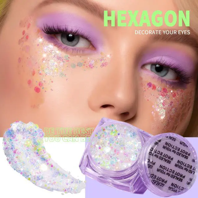 Alt view image 2 of 7 - Face Glitter Body Glitter, Clear White Body Glitter Gel, Hair Glitter Gel, 6 Shapes Rave Glitter, Mermaid Sequins Makeup Glitters Face Paint, Chunky Sparkling Glitter Gel for Women