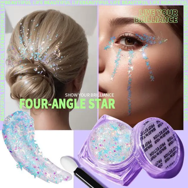 Alt view image 3 of 7 - Face Glitter Body Glitter, Clear White Body Glitter Gel, Hair Glitter Gel, 6 Shapes Rave Glitter, Mermaid Sequins Makeup Glitters Face Paint, Chunky Sparkling Glitter Gel for Women