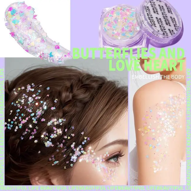 Alt view image 5 of 7 - Face Glitter Body Glitter, Clear White Body Glitter Gel, Hair Glitter Gel, 6 Shapes Rave Glitter, Mermaid Sequins Makeup Glitters Face Paint, Chunky Sparkling Glitter Gel for Women