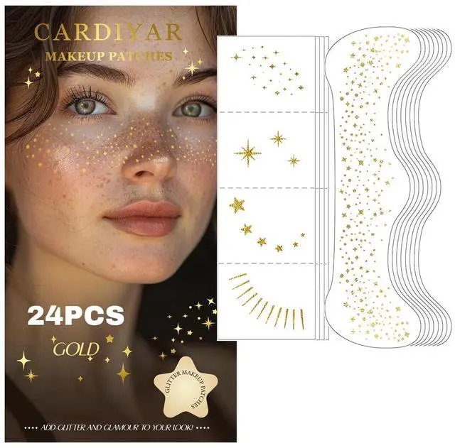 Main image of Glitter Freckles, 24PCS Glitter Freckles Face Tattoo, Sparkle Freckles for Women, Waterproof Gold Temporary Face Tattoos Glitter Glow Up Patches Makeup Patches Mardi Gras Festival (Gold)