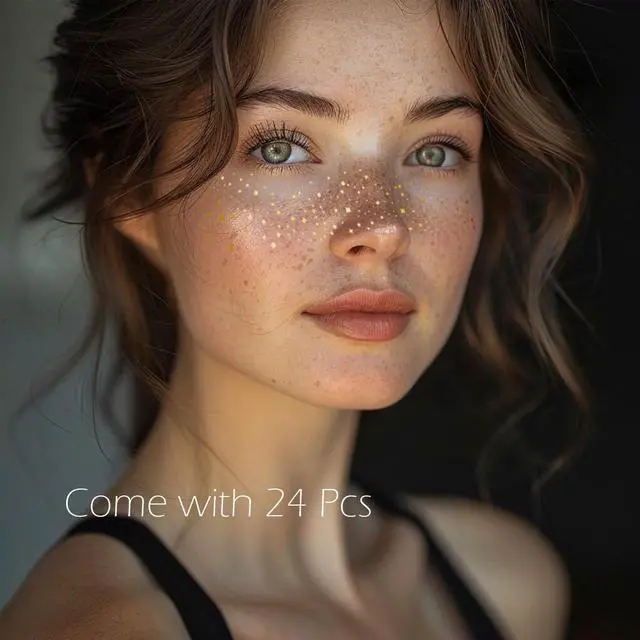 Alt view image 2 of 6 - Glitter Freckles, 24PCS Glitter Freckles Face Tattoo, Sparkle Freckles for Women, Waterproof Gold Temporary Face Tattoos Glitter Glow Up Patches Makeup Patches Mardi Gras Festival (Gold)