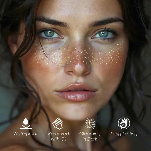 Alt view image 3 of 6 - Glitter Freckles, 24PCS Glitter Freckles Face Tattoo, Sparkle Freckles for Women, Waterproof Gold Temporary Face Tattoos Glitter Glow Up Patches Makeup Patches Mardi Gras Festival (Gold)