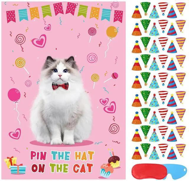 Main image of Pin The Hat On The Cat Party Game Birthday Party Games for Kids, Cat Birthday Party Supplies Decorations for Girls Boys, Large Pin The Tail Poster with 54 Hat Stickers