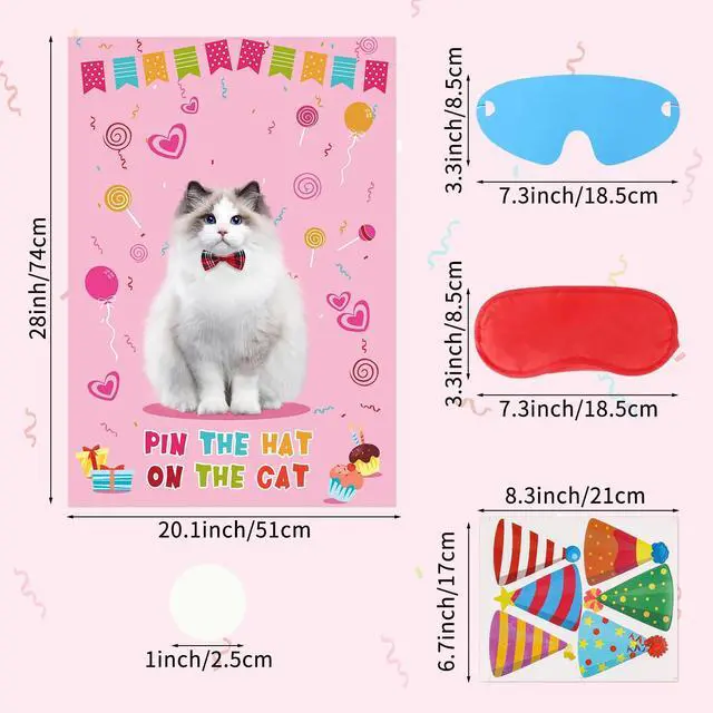 Alt view image 2 of 7 - Pin The Hat On The Cat Party Game Birthday Party Games for Kids, Cat Birthday Party Supplies Decorations for Girls Boys, Large Pin The Tail Poster with 54 Hat Stickers