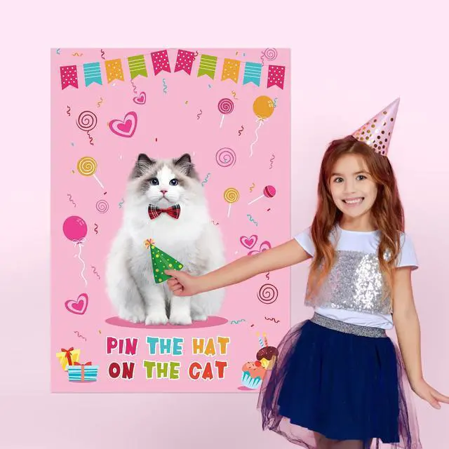 Alt view image 3 of 7 - Pin The Hat On The Cat Party Game Birthday Party Games for Kids, Cat Birthday Party Supplies Decorations for Girls Boys, Large Pin The Tail Poster with 54 Hat Stickers