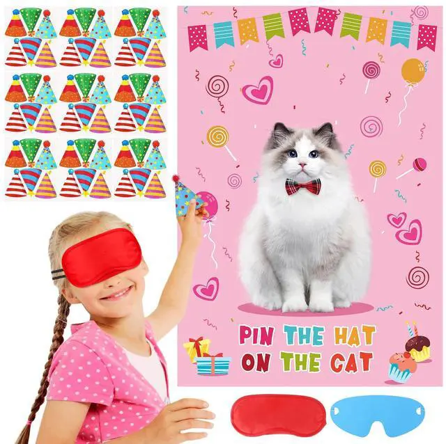 Alt view image 4 of 7 - Pin The Hat On The Cat Party Game Birthday Party Games for Kids, Cat Birthday Party Supplies Decorations for Girls Boys, Large Pin The Tail Poster with 54 Hat Stickers