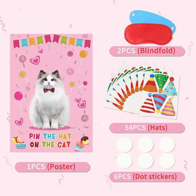 Alt view image 5 of 7 - Pin The Hat On The Cat Party Game Birthday Party Games for Kids, Cat Birthday Party Supplies Decorations for Girls Boys, Large Pin The Tail Poster with 54 Hat Stickers
