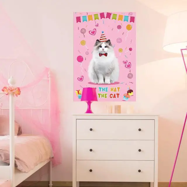 Alt view image 6 of 7 - Pin The Hat On The Cat Party Game Birthday Party Games for Kids, Cat Birthday Party Supplies Decorations for Girls Boys, Large Pin The Tail Poster with 54 Hat Stickers