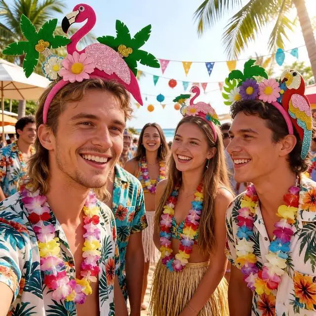 Alt view image 5 of 7 - Hawaiian Luau Flamingo Headband Parrot Headband 2Pcs Tropical Palm Tree Head Boppers Hawaiian Party Headbands Summer Beach Flower Headwear
